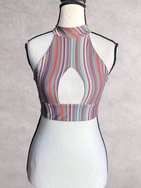 S.I.E. Swim Striped Halter Bikini Top Keyhole Tie Back - Size Small